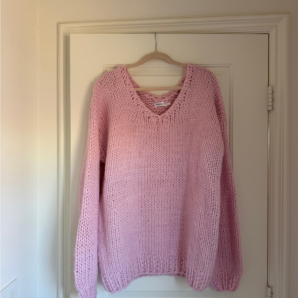 Beginning Boutique Pale Pink Chunky V-Neck Off-Shoulder Sweater